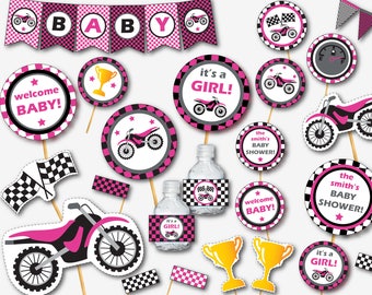 Motorcycle Baby Shower - Dirt Bike Baby Shower Decor - Motorcross Baby Shower - Printable Baby Shower - Pink Baby Shower (Instant Download)
