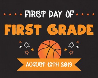 Printable Back to School Sign, First Day of School Sign, Basketball Chalkboard Sign, Digital Sign Template (Instant Download Editable PDF)