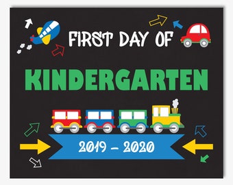 First Day of Kindergarten Sign, Printable Back to School Chalkboard Sign, Editable Transportation Sign (Instant Download Digital PDF)