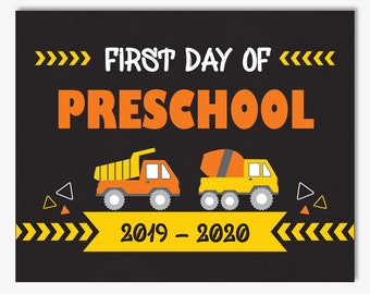 First Day of Preschool Sign, Printable Chalkboard Back to School Sign, Reusable Construction Sign, Digital Truck Sign (Instant Download PDF)