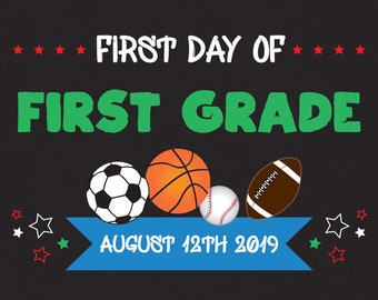 Sports First Day of School Sign, Editable Back to School Sign, Printable Chalkboard Sign Template for Kids (Instant Download Digital PDF)