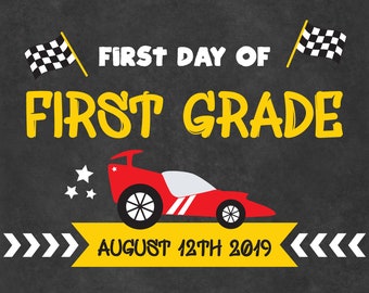 First Day of School Chalkboard Sign, Printable Back to School Sign, Race Car Sign Digital Template for Kids (Instant Download Editable PDF)