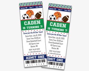 Sports Birthday Invitation - Printable Sports Party Invitation, Sports Ticket Invitation for an All Stars Party for Kids (Instant Download)