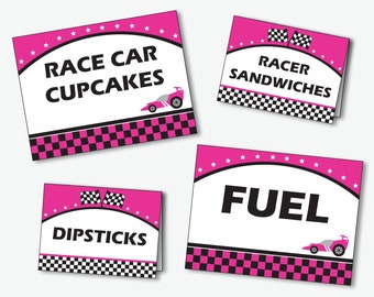 Racing Party Food Labels - Printable Race Car Birthday Buffet Tags, Pink Race Car Party Food Labels and Buffet Signs (Instant Download PDF)