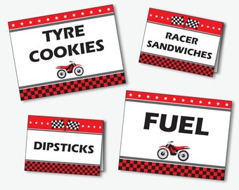 Dirt Bike Birthday Food Labels - Printable Decorations for a Motocross Baby Shower, Food Cards for a Motorcycle Birthday (Instant Download)