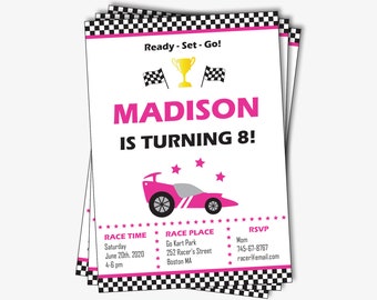 Race Car Invitation - Printable Go Kart Invitation for a Racing Party, Pink Race Car birthday Invitation for Kids (Instant Download PDF)
