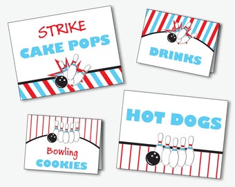 Bowling Party Food Labels - Printable Food Tent Cards for a Bowling Birthday or Baby Shower, Buffet Signs or Place Cards (Instant Download)