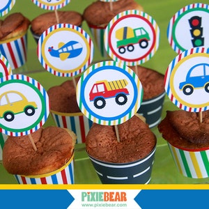 Transportation Cupcake Toppers - Printable Transportation Birthday Party Decor, Transportation Theme Party Supplies (Instant Download PDF)