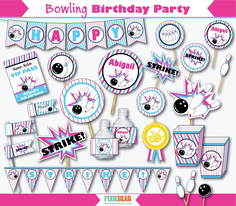 Girl Bowling Party Decorations Printable Bowling Birthday Etsy