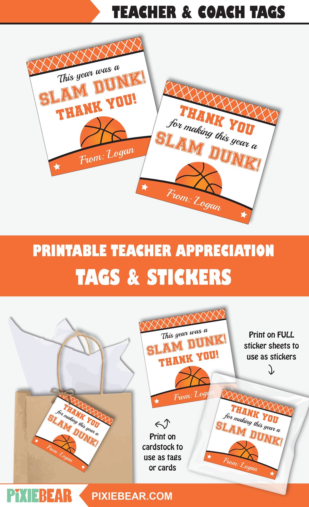 Basketball Coach Thank You Card or Printable Gift Tag for Teacher