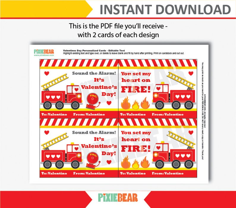 Firetruck Valentine Cards Fire Truck Valentine Firetruck Etsy