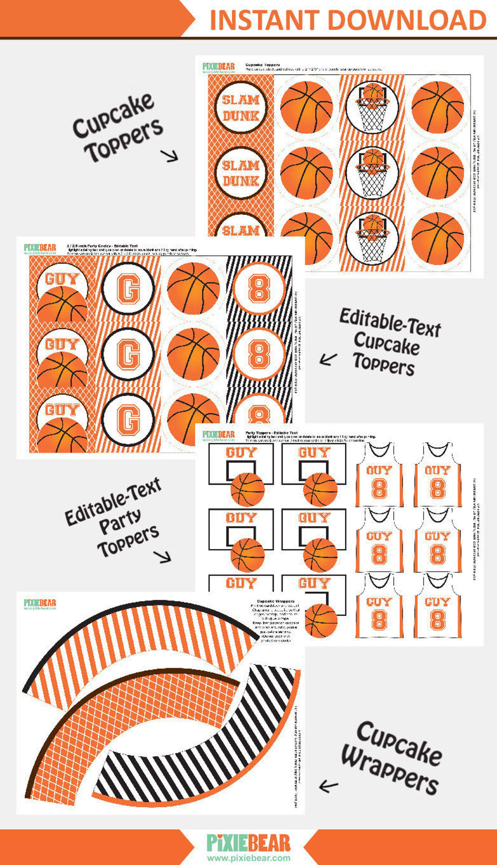 Basketball Cupcake Toppers Printable Basketball Party Etsy