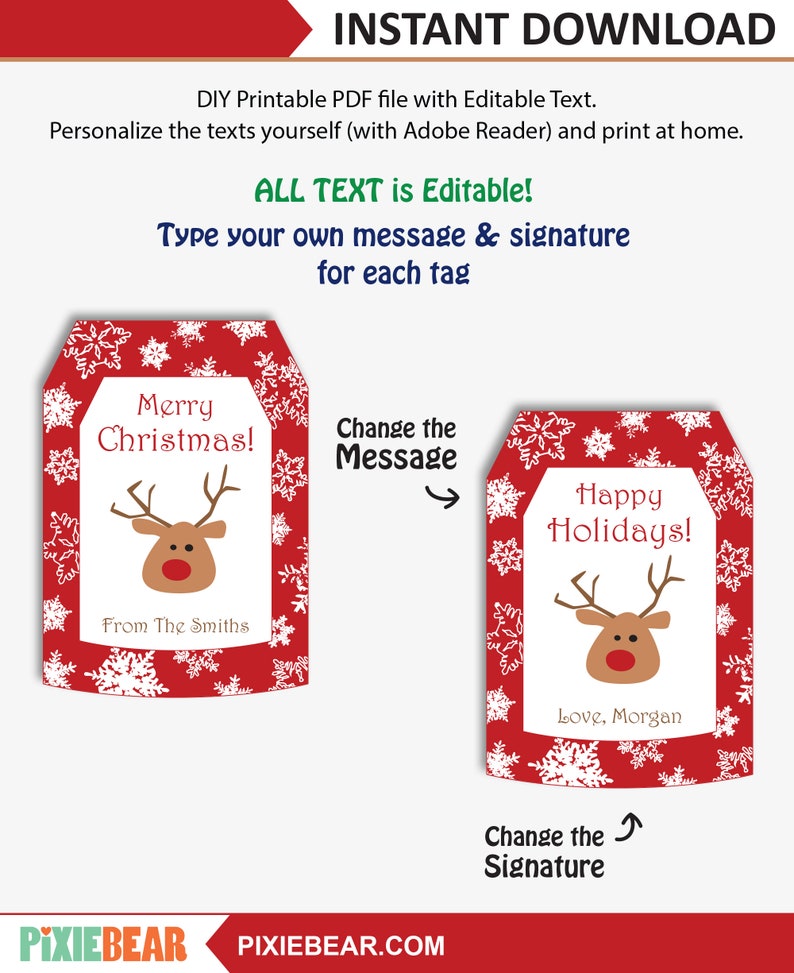 Reindeer Gift Tags Printable Christmas Tags Personalized Etsy