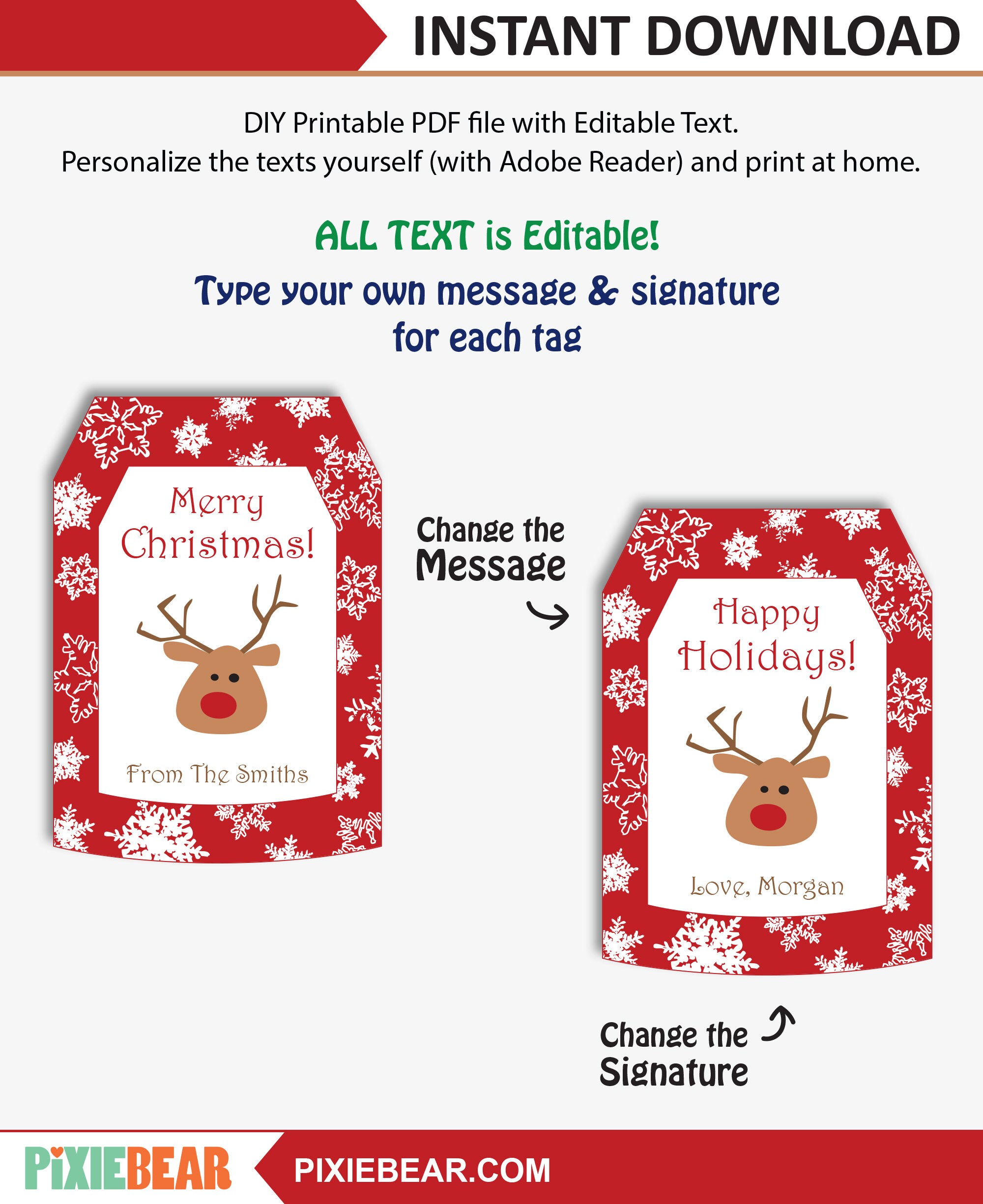Reindeer Gift Tags Printable Christmas Tags Personalized  Etsy