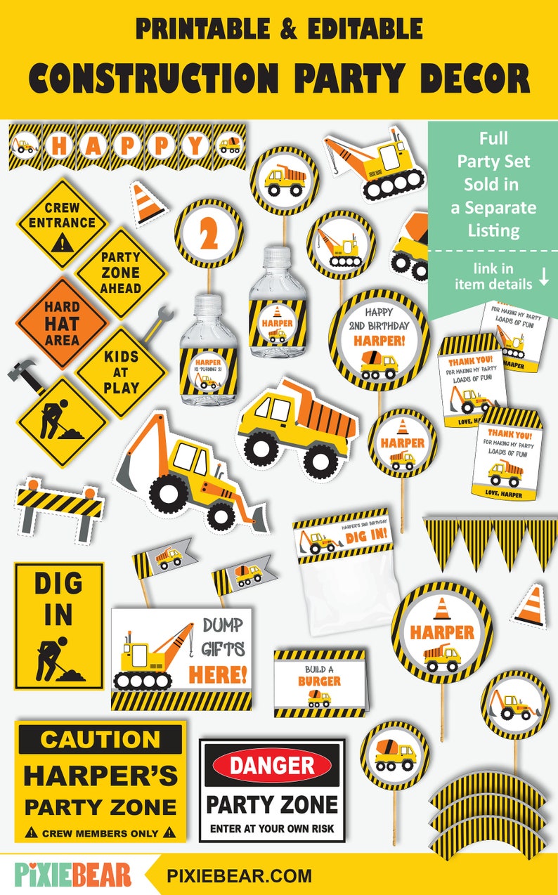 Construction Birthday Decoration, Printable Construction Party Signs, Construction Birthday Centerpieces and Cake Toppers Instant Download image 7