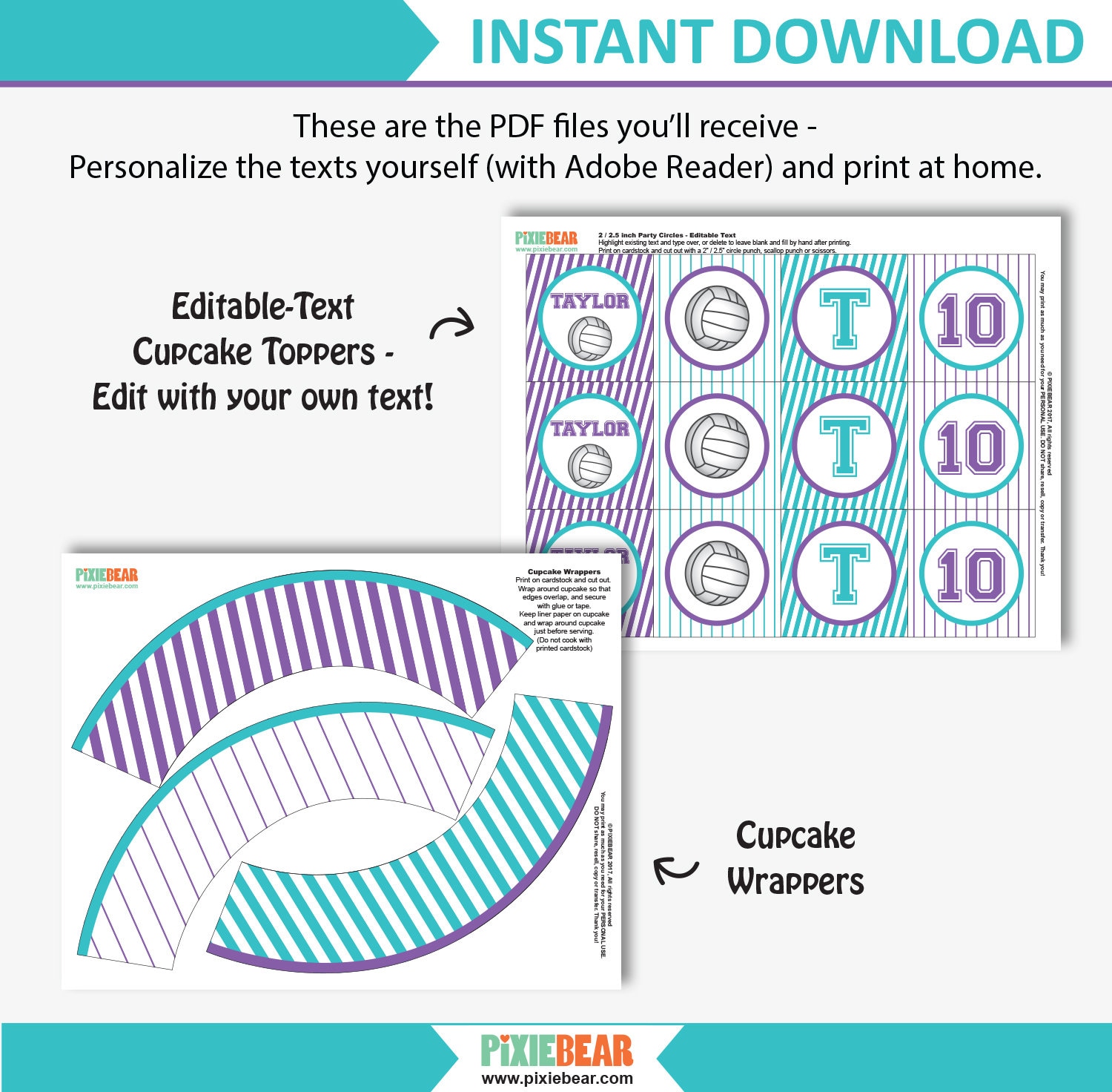 Volleyball Cupcake Toppers Printable Volleyball Party Etsy