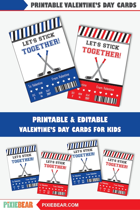 Hockey Valentine Cards For Kids Printable Valentine S Day School Cards Editable Classroom Valentine Tag Template Instant Download By Pixiebear Catch My Party