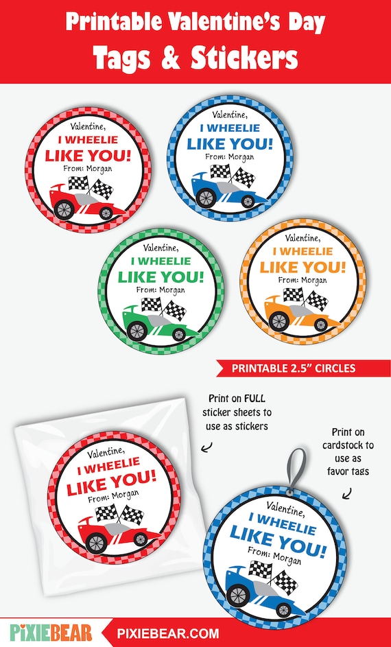 Race Car Valentine Stickers for Kids Printable Valentine Car Tags for  Classroom, Editable Personalized School Labels instant Download 