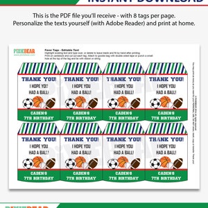 Printable Sports Party Favor Tags, Sports Thank You Tags, Sports ...