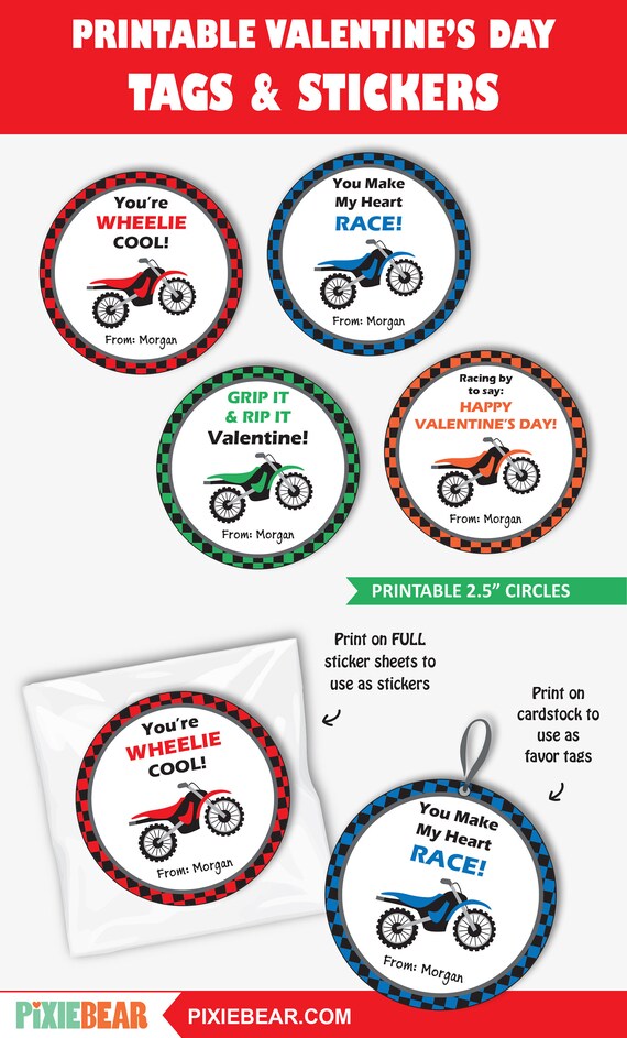 Dirt Bike Valentine Stickers for Kids Printable Motocross Valentine Tags  for Class, Editable Personalized School Labels instant Download 