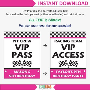 Race Car Birthday VIP Pass, Race Car Party Pit Crew Pass, Racing Party ...