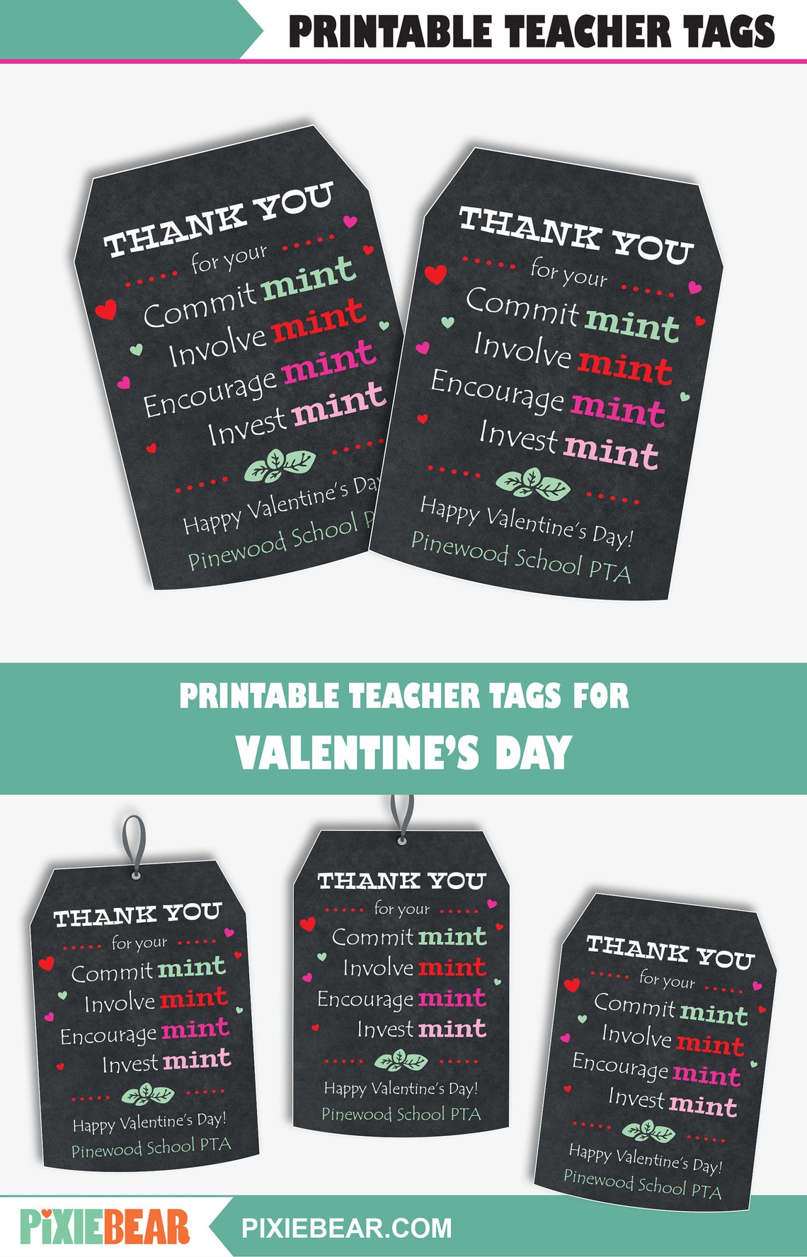Teacher Valentine Tags Printable Valentine's Day Mint - Etsy