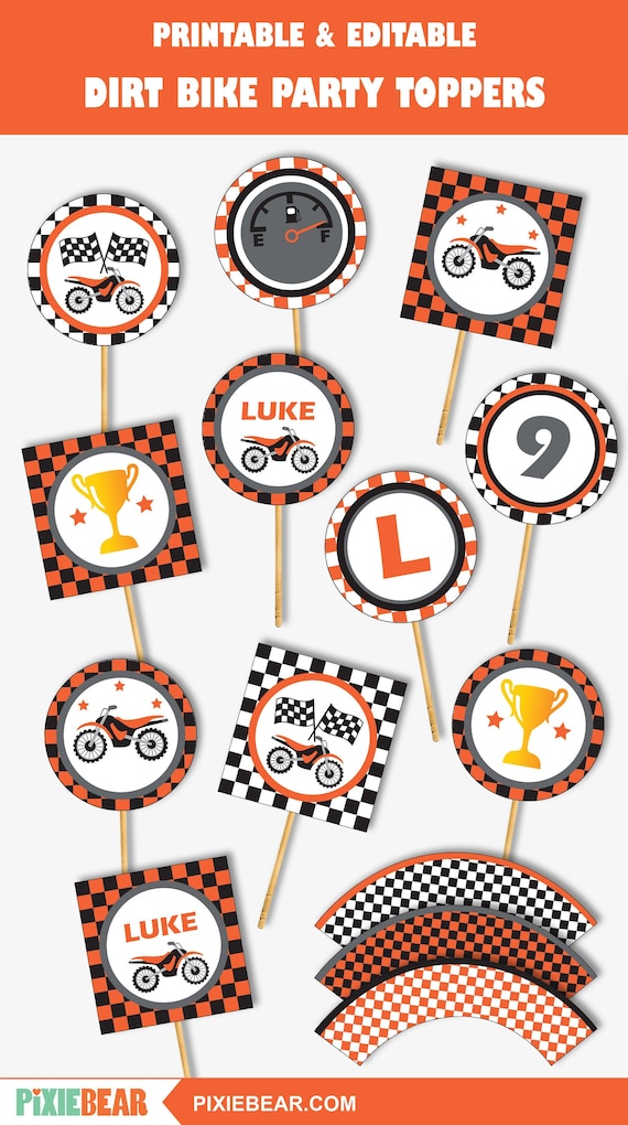 Motocross Cupcake Toppers, Printable Motorcycle Party Toppers and