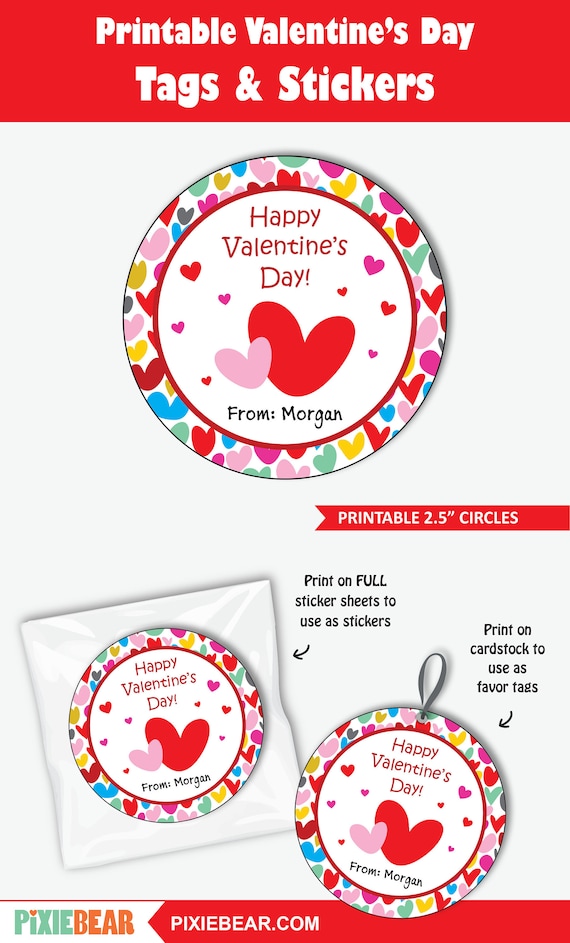 Valentines Day Hearts Stickers for Kids Printable Valentine Tags for  School, Editable Personalized Classroom Labels instant Download 