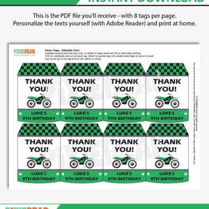 Motocross Party Thank You Tags Printable Favor Tags for a Dirt Bike Birthday, Thank you Labels for a Motorcycle Party Instant Download image 3