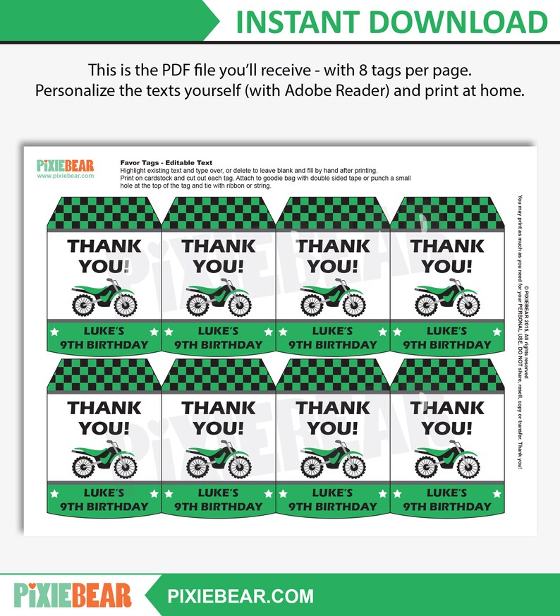 Motocross Party Thank You Tags Printable Favor Tags for a Dirt Bike Birthday, Thank you Labels for a Motorcycle Party Instant Download image 3