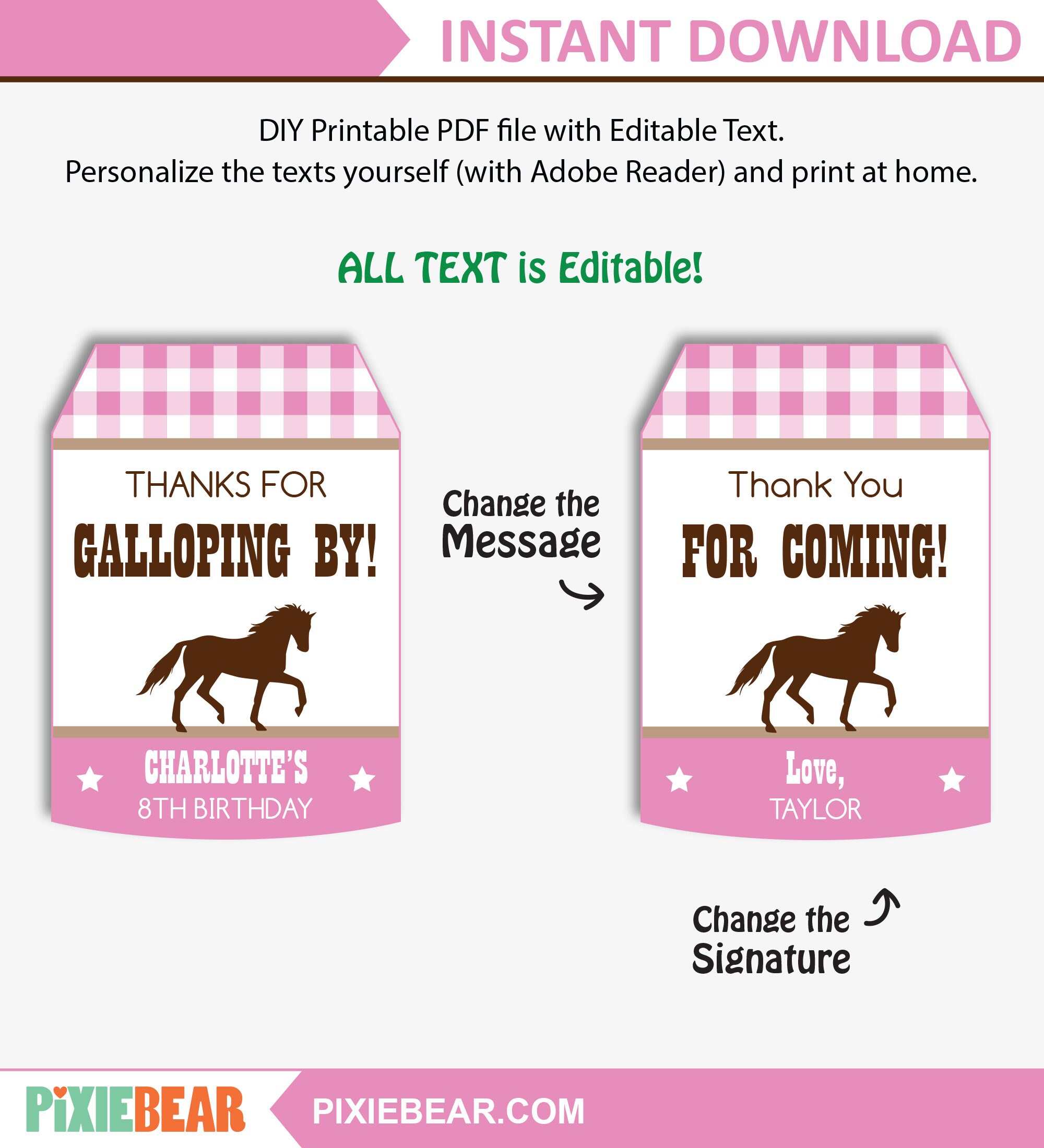 Horse Thank You Tags Printable Horse Party Favor Tags Horse | Etsy