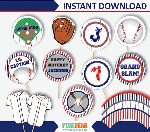 Baseball Cupcake Toppers and Wrappers Printable Baseball Party Toppers, Baseball Birthday
