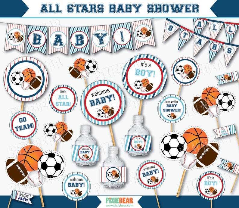 All Star Baby Shower Sports Baby Shower Decorations Printable Baby Shower Sports Baby Shower Blue Baby Shower Instant Download image 1