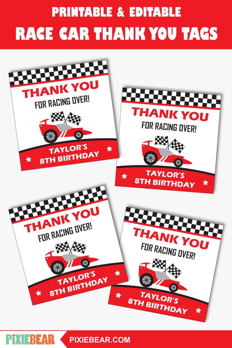 Race Car Favor Tags Printable Race Car Birthday Thank You - Etsy