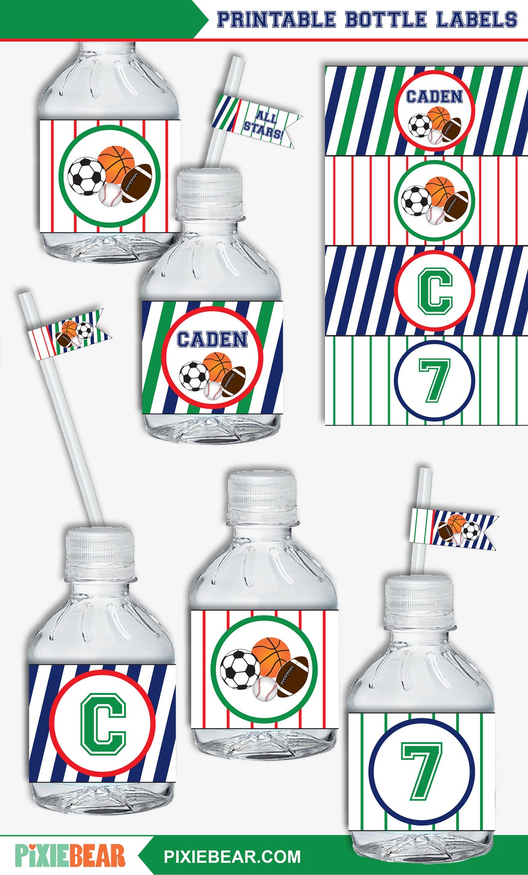 Sports Water Bottle Labels Printable Sports Birthday Napkin Wrappers, Sports Party Decorations