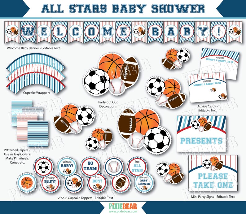 All Star Baby Shower Sports Baby Shower Decorations Printable Baby Shower Sports Baby Shower Blue Baby Shower Instant Download image 3