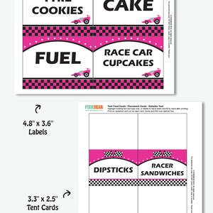 Racing Party Food Labels Printable Race Car Birthday Buffet Tags, Pink ...