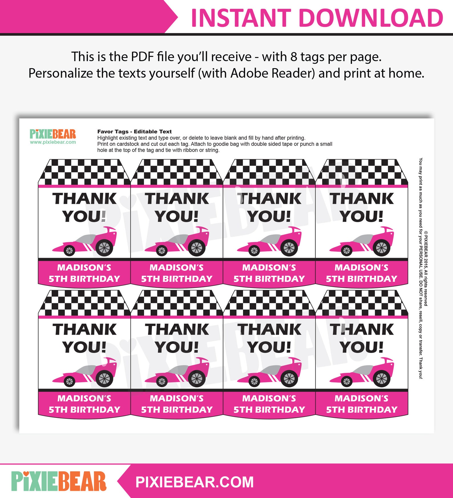 Race Car Party Thank You Tags Printable Race Car Birthday | Etsy