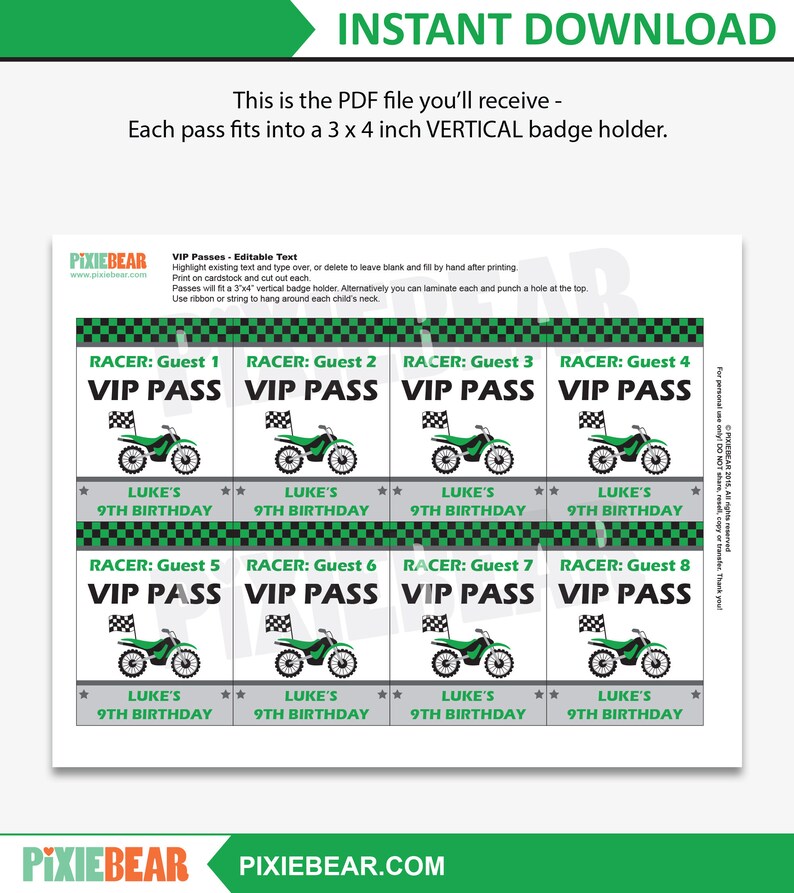 Motocross Party VIP Passes Printable Dirt Bike VIP Pass, Motorcycle Birthday VIP Badge, Dirt Bike Party Favors for Kids Instant Download image 3