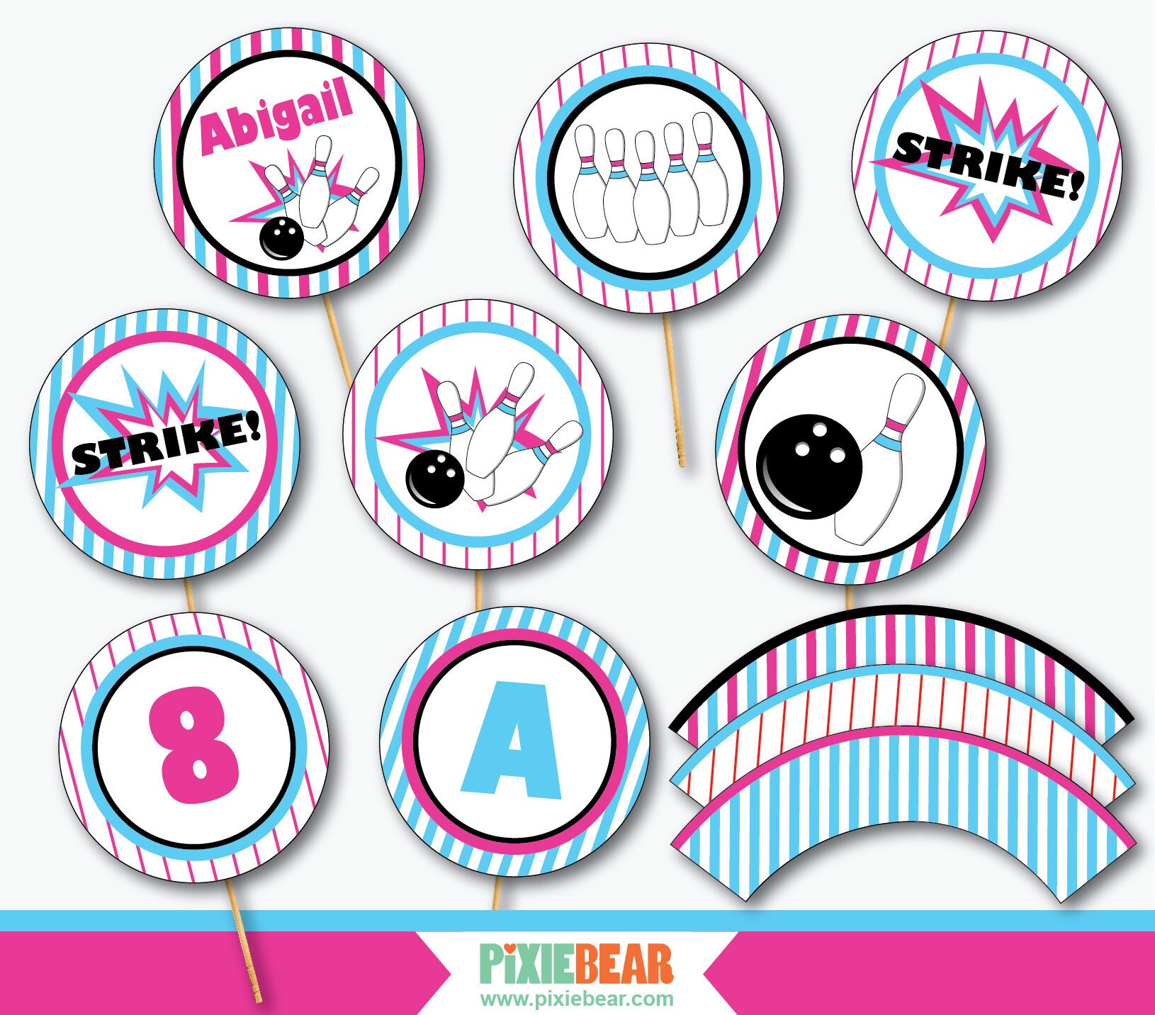 Bowling Cupcake Toppers Printable Retro Bowling Birthday Cupcake Wrappers and Toppers Kids Bowling Party Decorations Instant