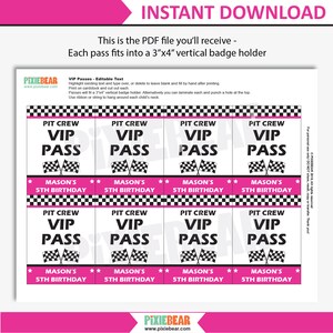 Race Car Birthday VIP Pass, Race Car Party Pit Crew Pass, Racing Party ...