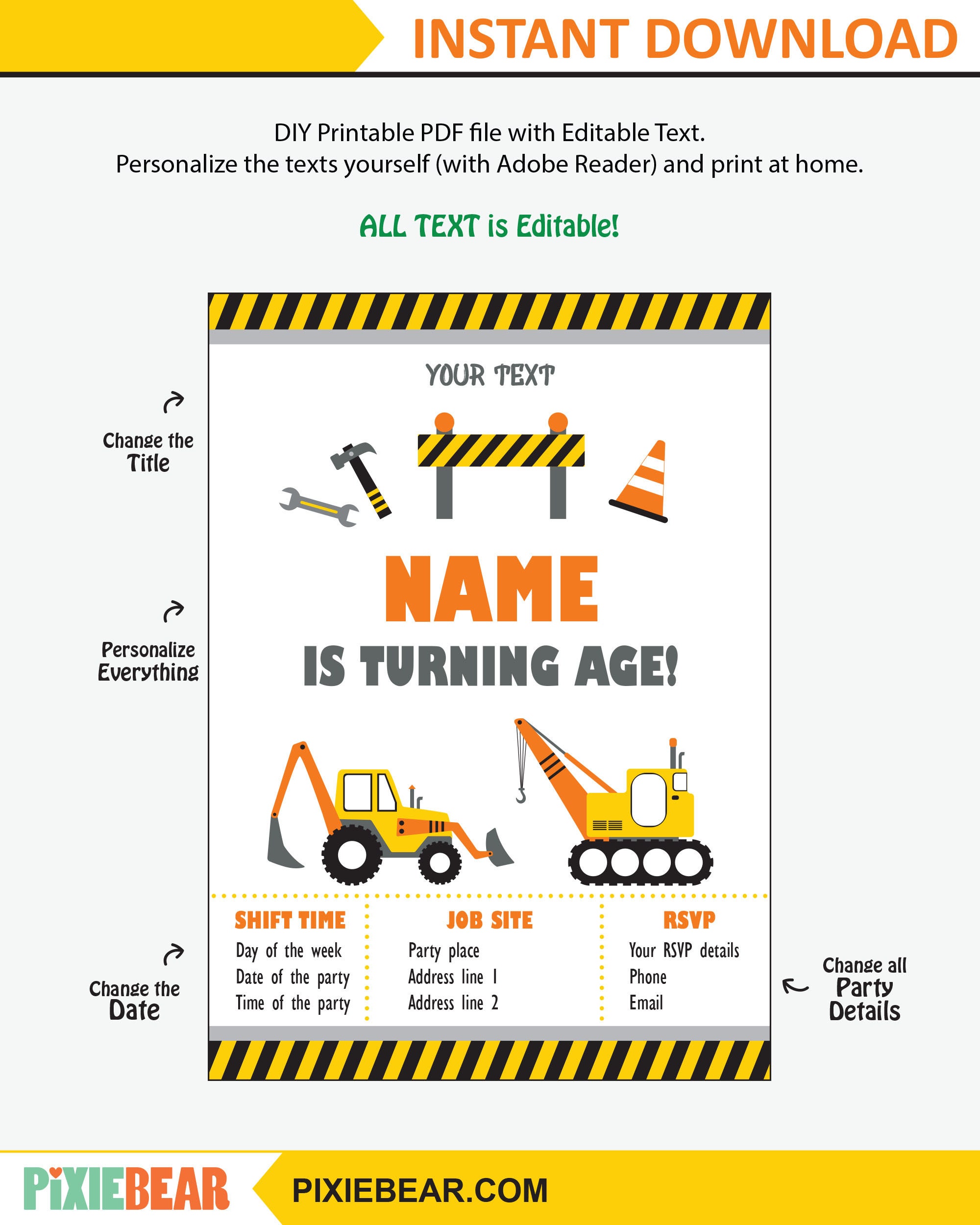 Construction Birthday Invitation Construction Party Printable | Etsy