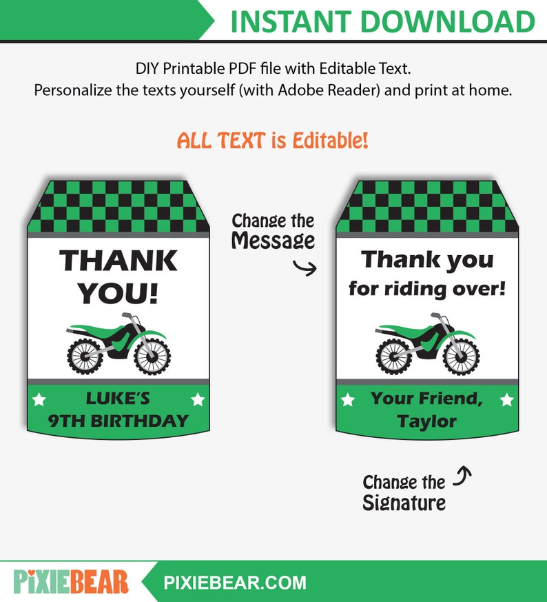 Motocross Party Thank You Tags Printable Favor Tags for a Dirt Bike Birthday, Thank you Labels for a Motorcycle Party Instant Download image 2