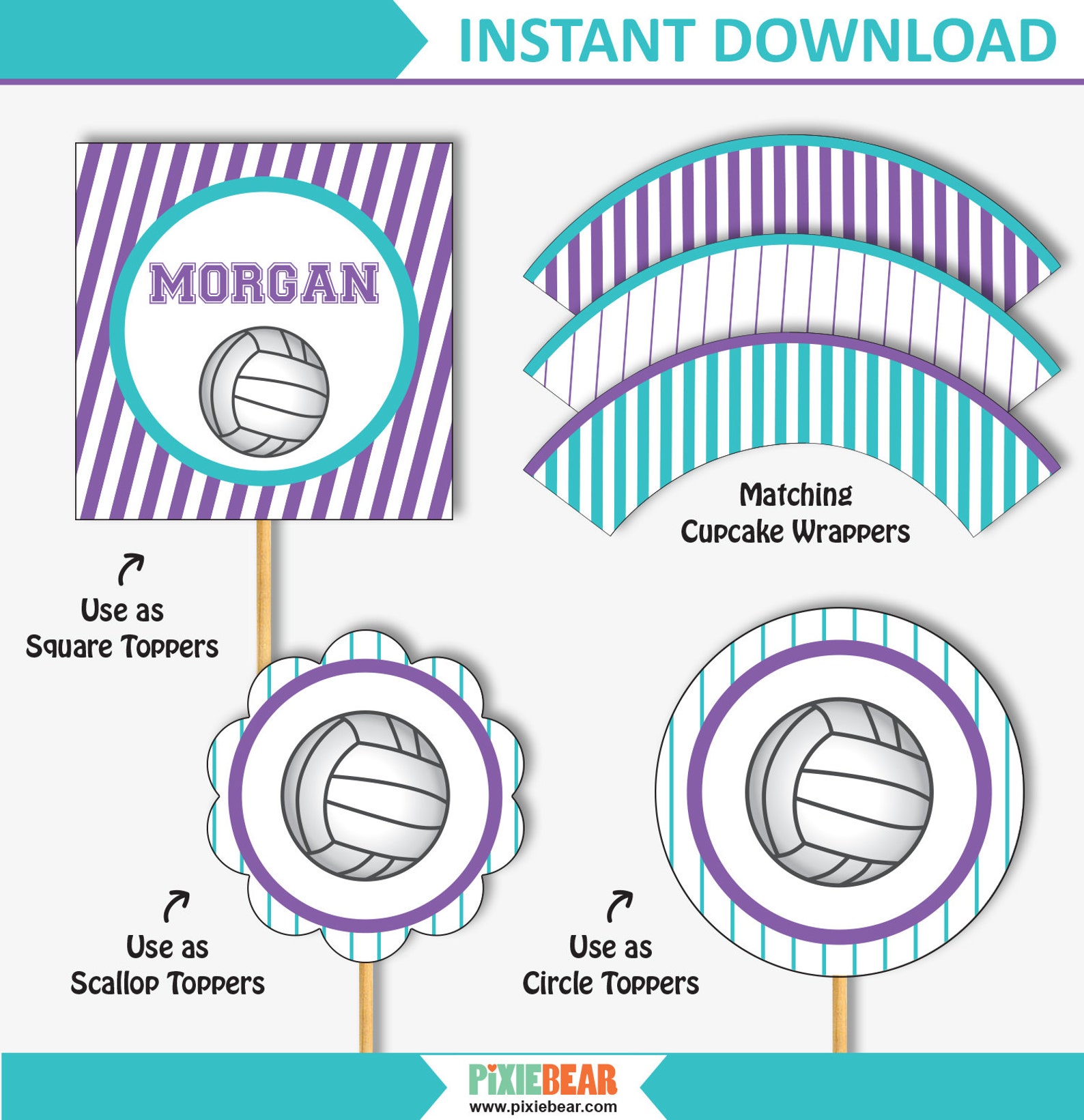 Volleyball Cupcake Toppers Printable Volleyball Party Etsy