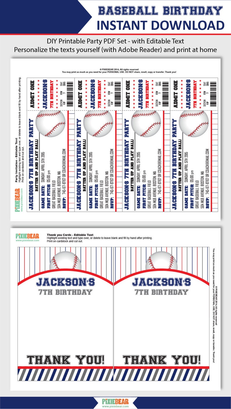 Baseball Invitations, Baseball Party Invitations, Baseball Birthday Invitations, Baseball Ticket Invitation, Editable PDF Instant Download image 3