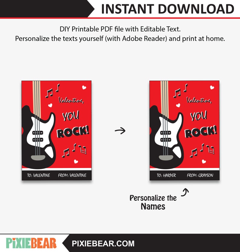 Guitar Valentine Cards for Kids Printable You Rock | Etsy