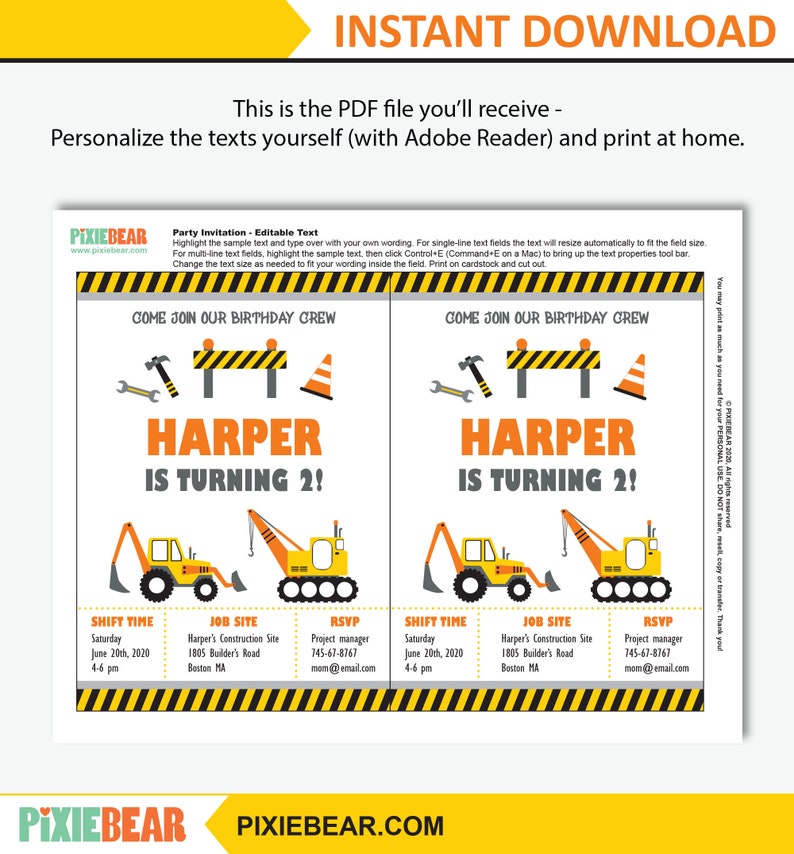 Construction Birthday Invitation Construction Party Printable - Etsy