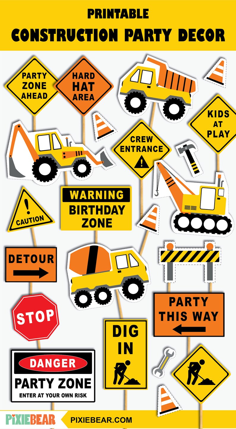 Construction Birthday Decoration, Printable Construction Party Signs, Construction Birthday Centerpieces and Cake Toppers Instant Download image 1