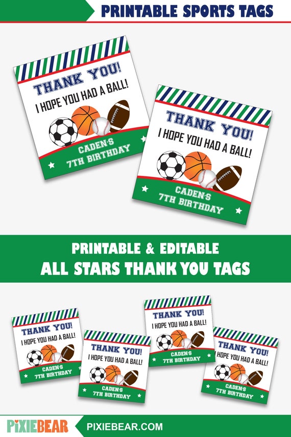 Sports Thank You Tags Printable Sports Party Favor Tags, Sports