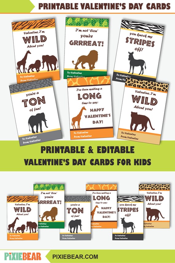 Safari Valentine Cards for Kids  Printable Wild Animal